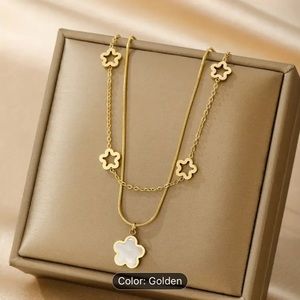 1pc Golden‎ Stainless Steel Shell Flowers Double Necklace Pendant For Women